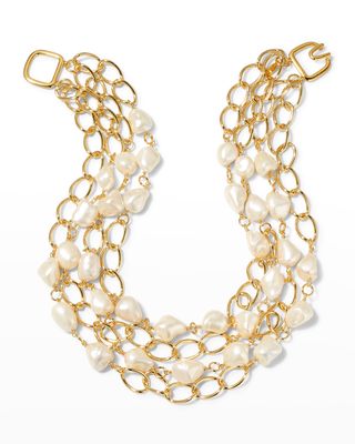 4-Row Nugget Pearly Stations Gold Link Chain Necklace