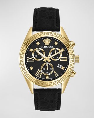 40mm Greca Chrono Watch with Leather Strap, Yellow Gold/Black