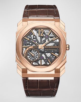 40mm Rose Gold Octo Finissimo Skeleton Watch with Alligator Strap, Brown