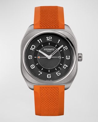 42mm Hermes H08 Watch in Brushed Titanium with Orange Rubber Strap