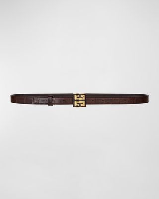 4G Croc-Embossed Leather & Brass Skinny Belt