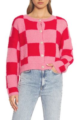 4SI3NNA Alfie Fuzzy Checkerboard Cardigan in Red Pink