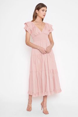 4SI3NNA Women's Flutter Sleeve Smock Waist Poplin Maxi Midi Dress in Blush
