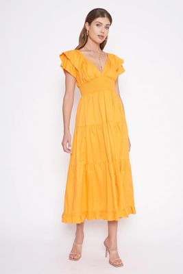 4SI3NNA Women's Flutter Sleeve Smock Waist Poplin Maxi Midi Dress in Orange