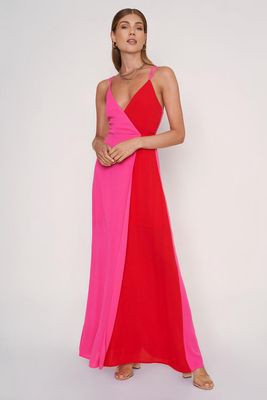 4SI3NNA Women's Strappy Color Block Maxi Dress in Pink/Red
