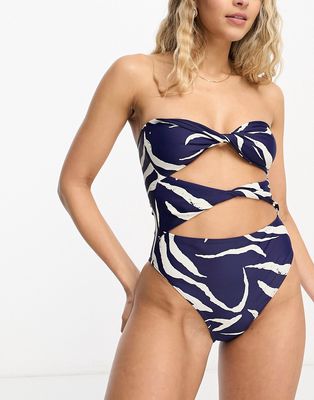 4th & Reckless amilla bandeau cut-out swimsuit in navy zebra print-Multi