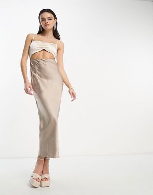 4th & Reckless cami contrast satin maxi cut out dress in oyster and taupe-Multi