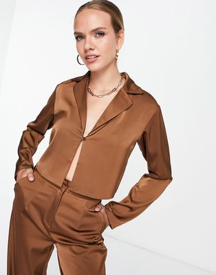 4th & Reckless clasp detail satin shirt in brown - part of a set
