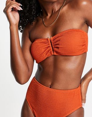 4th & Reckless crinkle u ring bandeau bikini top in orange