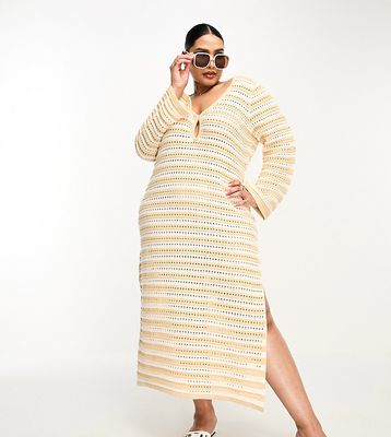 4th & Reckless crochet side split maxi dress in beige stripe-Multi