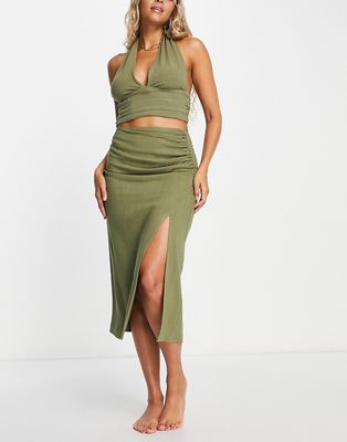 4th & Reckless Lotus linen ruched skirt with split in khaki - part of a set-Green