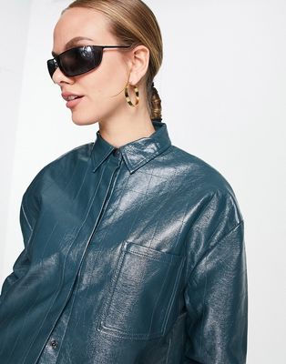 4th & Reckless oversized leather look embossed shirt in teal - part of a set-Blue