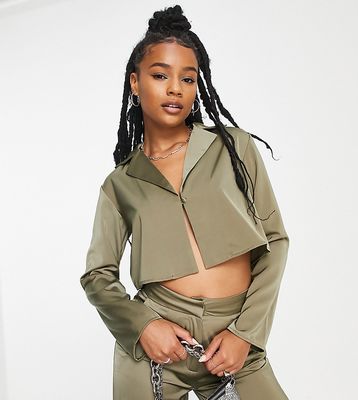 4th & Reckless Petite clasp detail satin shirt in khaki - part of a set-Green