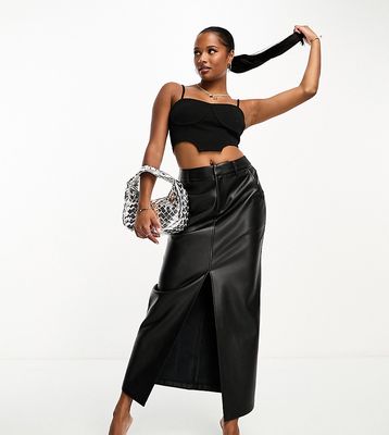 4th & Reckless Petite exclusive leather look front spilt maxi skirt in black