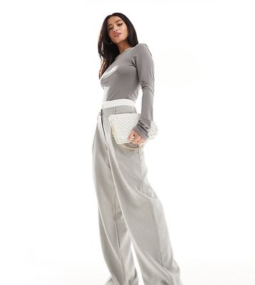 4th & Reckless Petite exclusive tailored boxer waist detail wide leg pants in gray