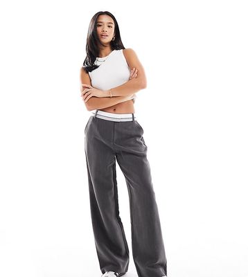 4th & Reckless Petite exclusive tailored contrast waist band straight leg pants in dark gray