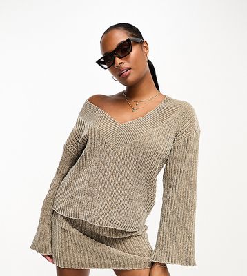 4th & Reckless Petite knit v neck sweater in light brown - part of a set
