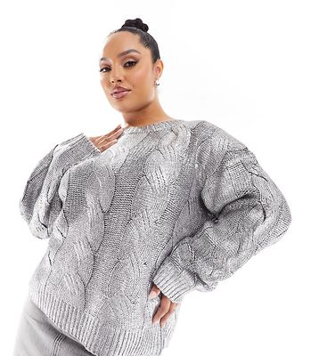 4th & Reckless Plus exclusive metallic cable knit sweater in silver