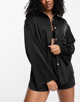 4th & Reckless satin beach shirt in black - part of a set