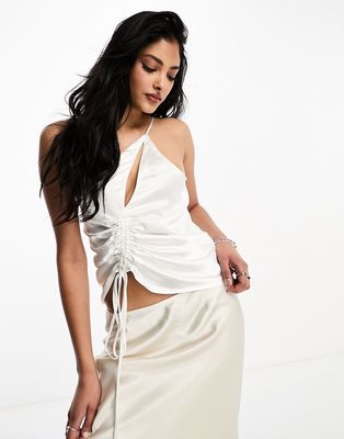 4th & Reckless satin cut out detail one shoulder ruched top in white