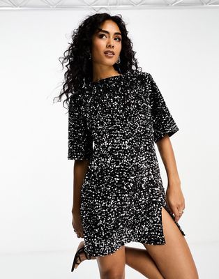 4th & Reckless sequin low tie back mini dress in black