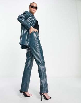 4th & Reckless straight leg leather look embossed pants in teal - part of a set-Blue
