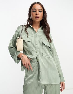 4th & Reckless stripe satin shirt in sage - part of a set-Green