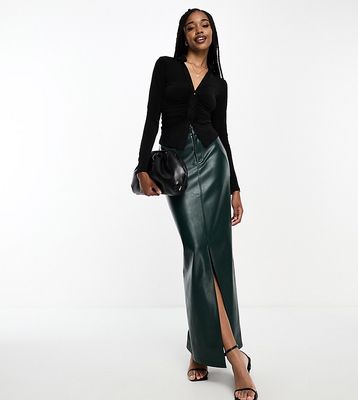 4th & Reckless Tall leather look front split maxi skirt in emerald green