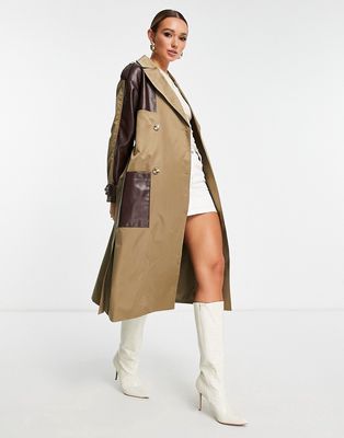 4th & Reckless trench coat with contrast leather look detailing in brown