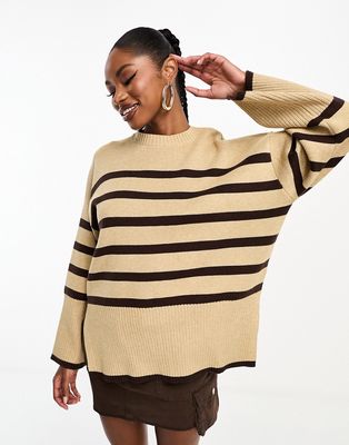 4th & Reckless wide sleeve side split sweater in camel stripe-Neutral