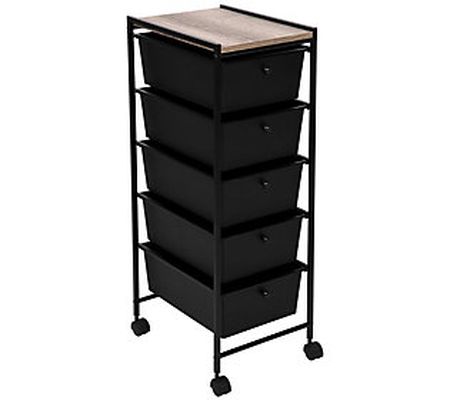 5-Drawer Cart with Wood Top Black