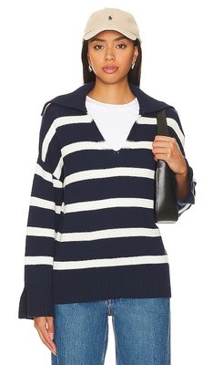 525 Meredith Stripe Polo Pullover Sweater in Navy