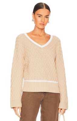 525 Mixed Stitch V Neck Tipped Pullover in Beige