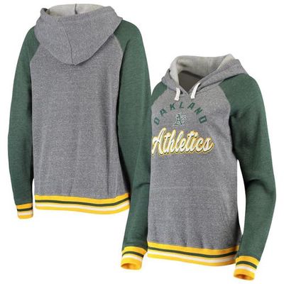 5TH AND OCEAN BY NEW ERA Women's 5th & Ocean by New Era Heathered Gray Oakland Athletics Cuff Tri-Blend Raglan Pullover Hoodie in Heather Gray at