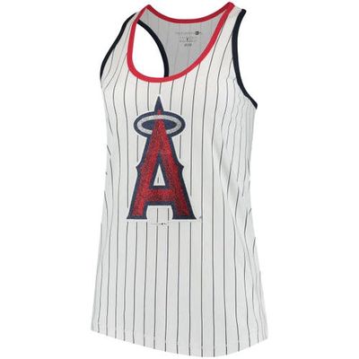 5TH AND OCEAN BY NEW ERA Women's 5th & Ocean by New Era White/Navy Los Angeles Angels Pinstripe Racerback Tank Top