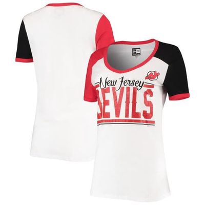 5TH AND OCEAN BY NEW ERA Women's 5th & Ocean by New Era White New Jersey Devils Color Block V-Neck T-Shirt