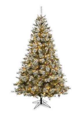 6.5-Foot Prelit Homestead Pine Frosted Christmas Tree with Warm White Lights, Pinecones, & Berries