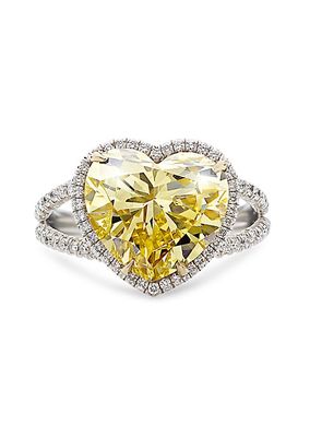 6.69 CTW Fancy Yellow Heart Shaped Diamond Halo Split Shank Cocktail Ring in 18kt Yellow Gold & Platinum