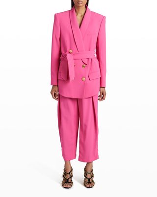 6-Button Belted Crepe Blazer