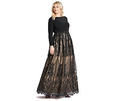 67258 - Black Nude - Long Sleeve High Neck Lace A Line Gown