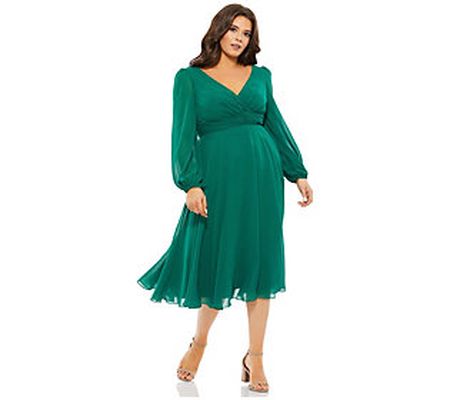 67914 - Emerald - Faux Wrap Puff Sleeve Flowy M idi Dress