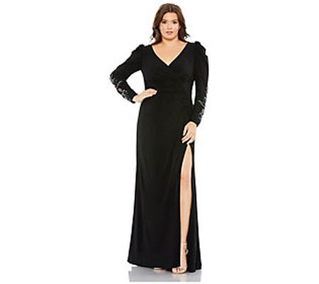 68123 - Black - Embellished Long Sleeve Faux Wr ap Gown