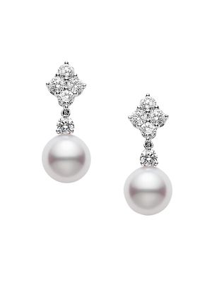 7.5MM White Cultured Akoya Pearl, Diamond & 18K White Gold Drop Earrings - Pearl