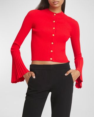 7-Button Flare-Sleeve Pleated Knit Cardigan