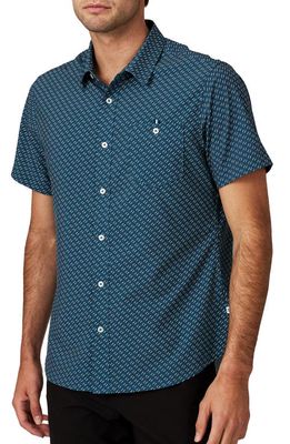 7 Diamonds Labyrinth Print Performance Short Sleeve Button-Up Shirt in Teal