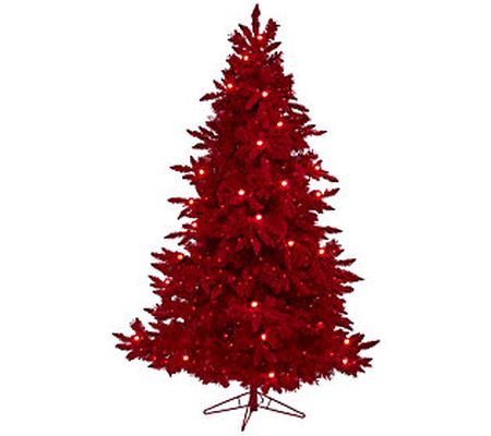 7' Lit Red Flocked Fraser Fir Christmas Tree by Nearly Natural