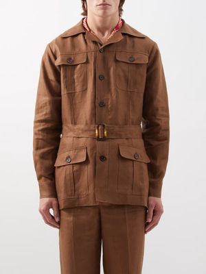 73 London - Belted Linen Safari Jacket - Mens - Brown