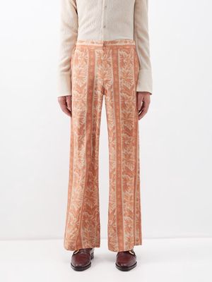 73 London - Botanical-print Silk-twill Flared Trousers - Mens - Orange Multi
