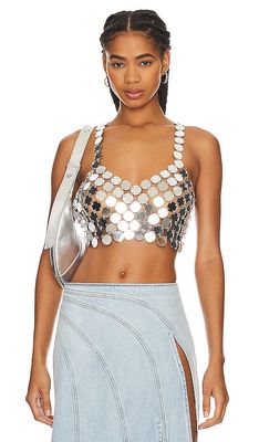 8 Other Reasons Disc Crop Top in Metallic Silver.