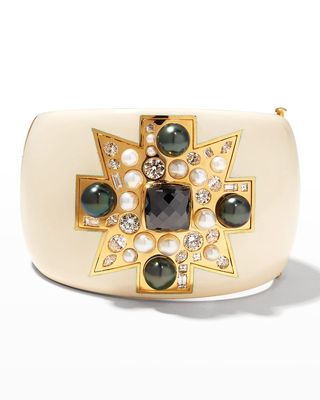 80th Anniversary Ivory Cuff Bracelet with Diamonds, Black Diamonds and Pearls